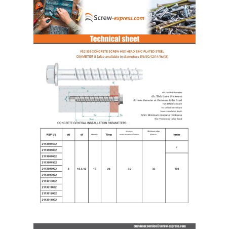 1 x Screw For Concrete Hexagonal Head Flange T13 8X70 Zinc Plated