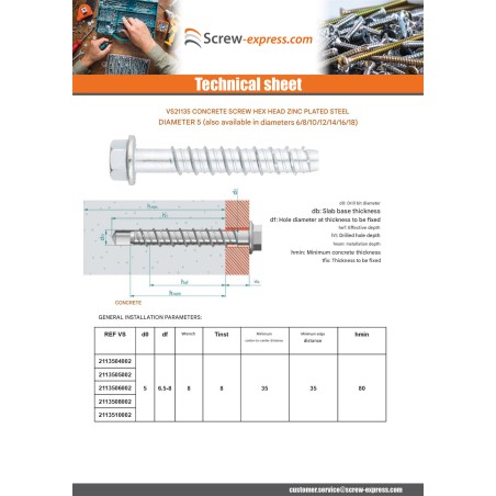 1 x Screw For Concrete Hexagonal Head Flange T8 5X40 Zinc Plated