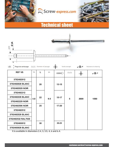 1 x Blind rivets Aluminium Stahlgewinde 4.8X12...