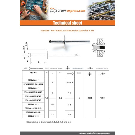 1 x Blind rivets Aluminium Stahlgewinde 4.8X14 Thickness Of Panel 7 to 9 Flat Head ALX