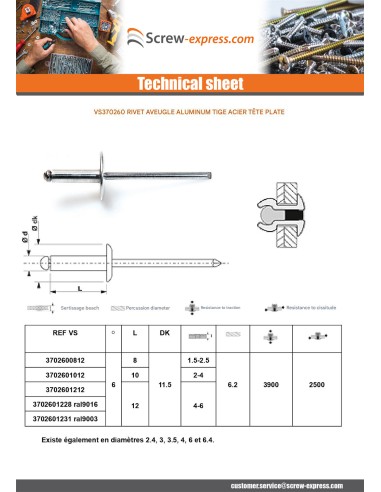 1 x Blind rivets Aluminium Stahlgewinde 6X30...