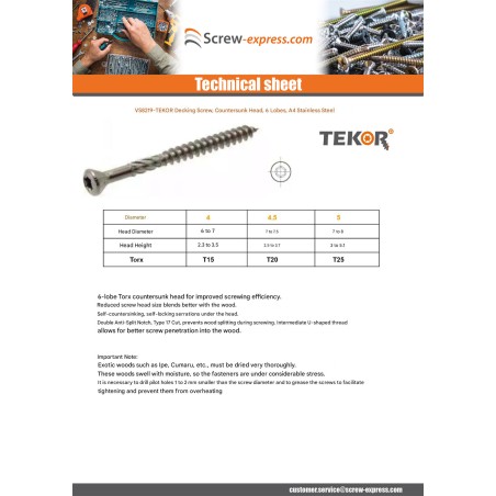 1 x Decking Screw TEKOR Pan Countersunk Head T25 5X70 cut Type 17 Drilling Point Stainless Steel A4