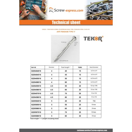 1 x Decking Screw TEKOR Pan Countersunk Head T15 4X50 cut Type 17 Drilling Point Stainless Steel Stainless Steel C1 AISI