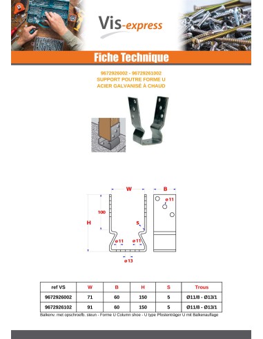 1 x Beam support form U 91X60X150 Hot Dip...