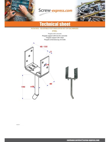 1 x Pfostensockel adjustable 60X135 Hot Dip...