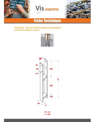 1 x Pfostensockel form H 91X600X60X6 Hot Dip...