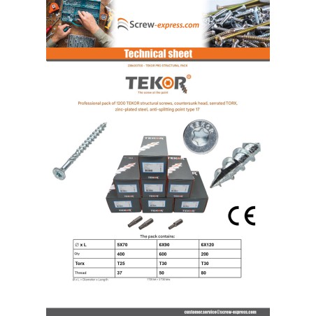 1 x TEKOR PACK PRO 1200 Screw Countersunk Head With Serration Torx Carpenter Zinc Plated