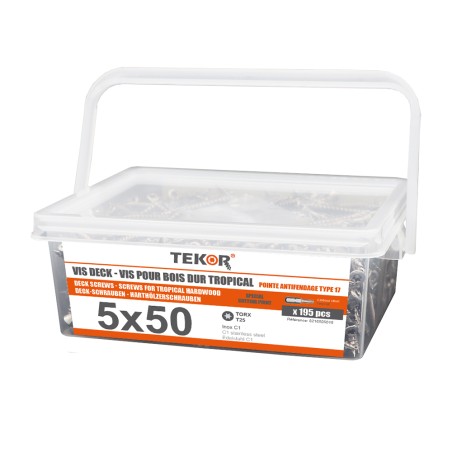 1 x Bucket of 195 Decking Screw TEKOR 5X50 cut Type 17 Drilling Point Stainless Steel C1 AISI 410 Countersunk Head T25
