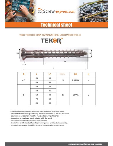 1 x Decking Screw TEKOR Countersunk Head With...