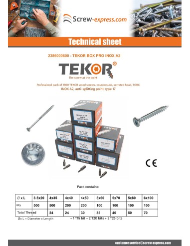 1 x TEKOR PACK PRO 1800 Screw Countersunk Head...
