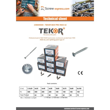 1 x TEKOR PACK PRO 1800 Screw Countersunk Head With Serration Torx Stainless Steel A2