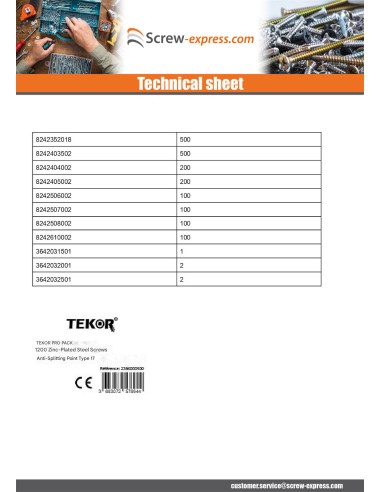 1 x TEKOR PACK PRO 1800 Screw Countersunk Head...