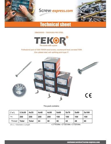1 x TEKOR PACK PRO 1200 Screw Countersunk Head...