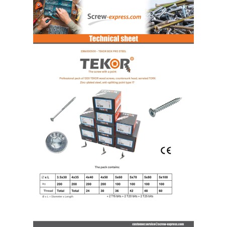 1 x TEKOR PACK PRO 1200 Screw Countersunk Head With Serration Torx Zinc Plated