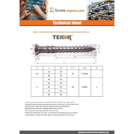 1 x Decking Screw TEKOR Countersunk Head With Serration T20 4.5X50 cut Type 17 Drilling Point Stainless Steel A2
