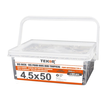 1 x Bucket of 385 Decking Screw TEKOR 4.5X50 cut Type 17 Drilling Point Stainless Steel C1 AISI 410 Countersunk Head