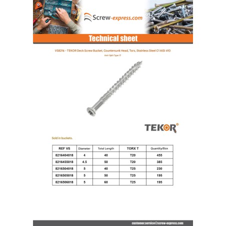 1 x Bucket of 455 Decking Screw TEKOR 4X40 cut Type 17 Drilling Point Stainless Steel C1 AISI 410 Countersunk Head T15