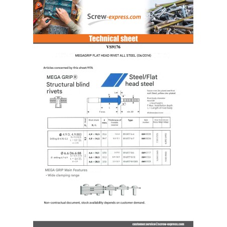 1 x RIVET MEGAGRIP ENTIRELY STEEL 6.6X14.1 FLAT HEAD