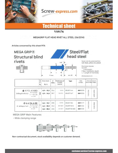 1 x RIVET MEGAGRIP ENTIRELY STEEL 6.6X20.5 FLAT...