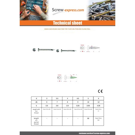 1 x Chipboard Screw Tekor Round Head T20 4X35 Full Thread cut Type 17 Drilling Point Zinc Plated