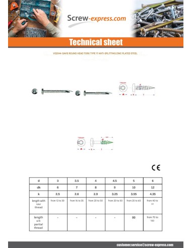 1 x Chipboard Screw Tekor Round Head T15 3.5X16...