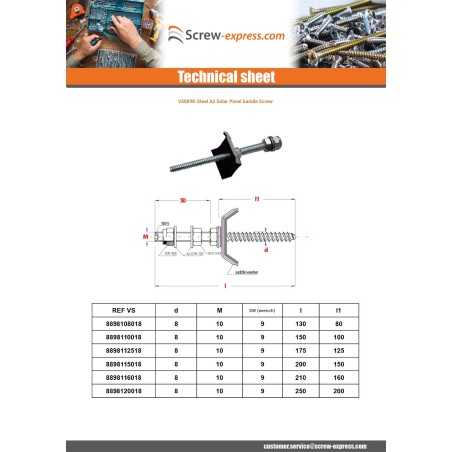 1 x Screw Sadle for solar panel M10 Total Lengh 210 Stainless Steel A2