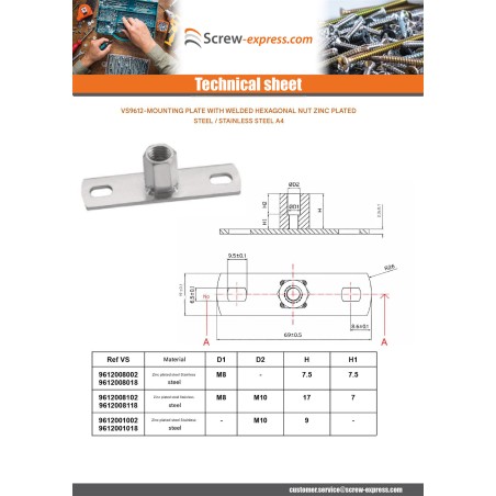 1 x Fastening plate With Hexagonal nut M8 Zinc Plated