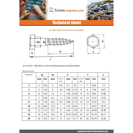 1 x Coach Screws/Hexagonal Head Wood Stainless Steel A2 12X60