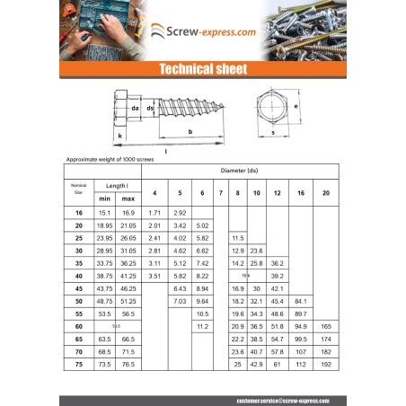 1 x Coach Screws/Hexagonal Head Wood 7X120 Zinc Plated