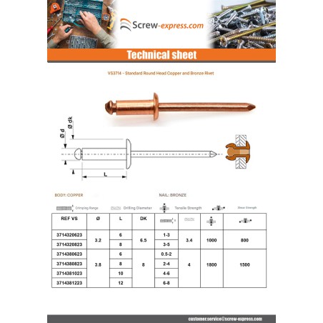 1 x Rivet TRS copper rod bronze 3.8X6