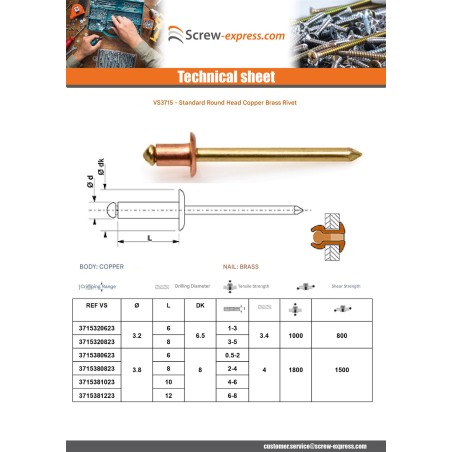 1 x Rivet TRS copper rod brass 3.8X6