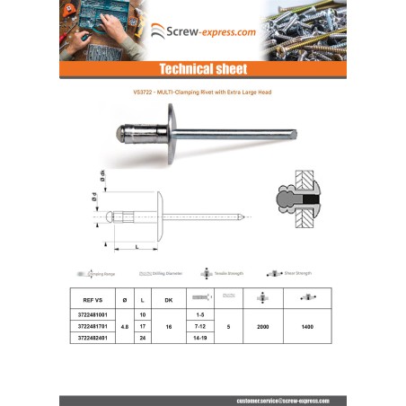 1 x Multigrip blind rivets Aluminum Steel Rod 4.8X10 Extra Large Head