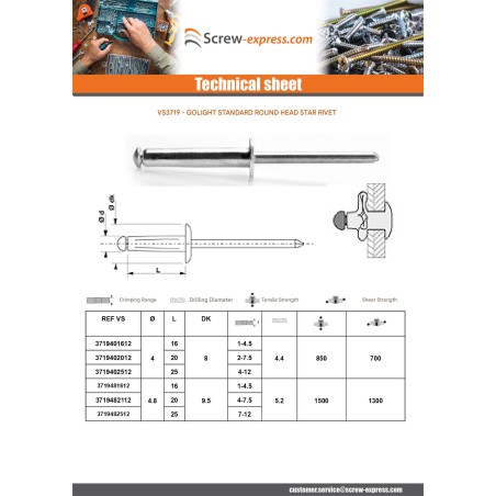 1 x Rivet Blind GOLIGHT ALU/ALU TRS 4.8X20