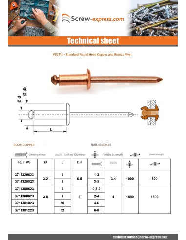 1 x Rivet TRS copper rod bronze 3.8X10