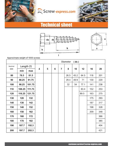 1 x Coach Screws/Hexagonal Head Wood 8X70 Zinc...
