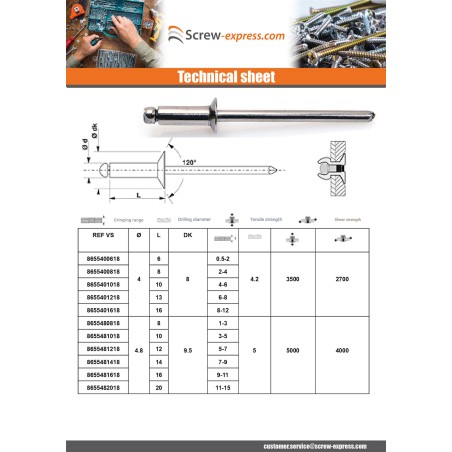 1 x Blind Rivet All Stainless Steel Countersunk Head 3.2X8 Thickness Of Panel 3 to 5