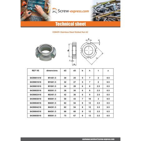 1 x Slotted nut Stainless Steel A2 M20 Pitch 150