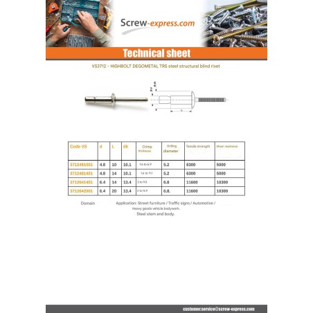 1 x Rivet Steel/ steel HBLT TRS 4.8X10 Thickness Of Panel 1.6 to 6.9