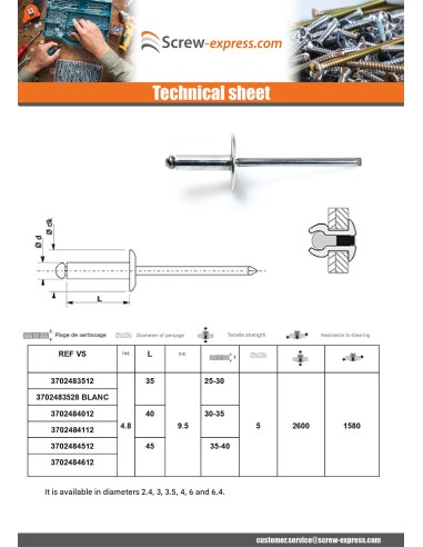1 x Blind rivets Aluminium Stahlgewinde 4.8X45...