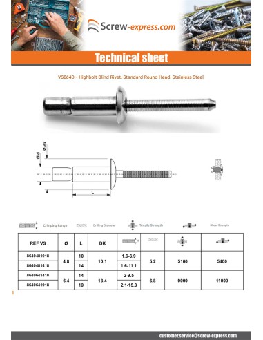 1 x Blind Rivet HIGHBOLT Standard round head...