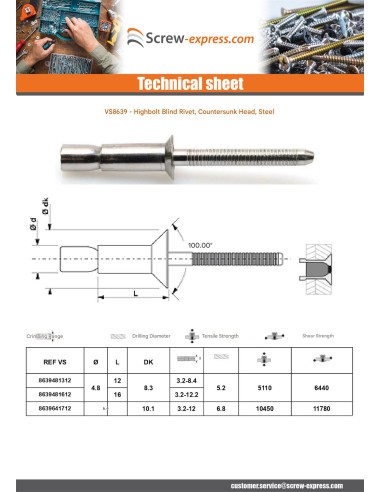 1 x Rivet Steel/ steel HIBOLT Countersunk Head...