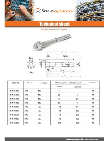 1 x Stud Anchor R-XPTIIIZP M16X160 Zinc Plated...
