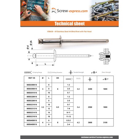 1 x Rivet Blind Entirely Stainless Steel A4 Flat Head 4X16