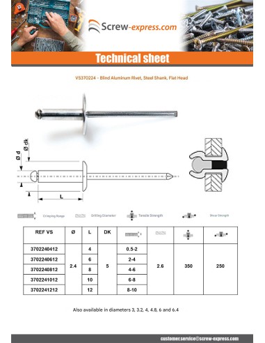 1 x Blind rivets Aluminium Stahlgewinde 2.4X4...