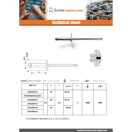 1 x Blind rivets Aluminium Stahlgewinde 4.8X75 Thickness Of Panel 65 to 70 Standard round head