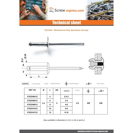 1 x Blind rivets Aluminium Stahlgewinde 2.4X8 Thickness Of Panel 4 to 6 Standard round head ALX