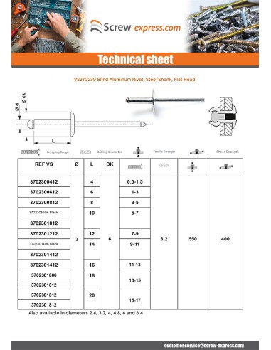 1 x Blind rivets Aluminium Stahlgewinde 3X10...