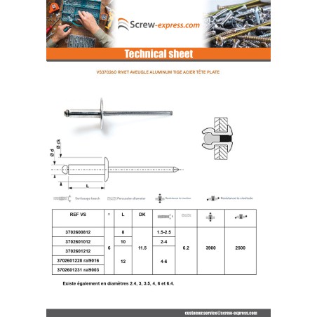 1 x Blind rivets Aluminium Stahlgewinde 6X25 Thickness Of Panel 16 to 19 Standard round head ALX