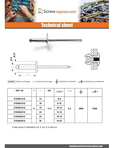 1 x Blind rivets Aluminium Stahlgewinde 6X25...