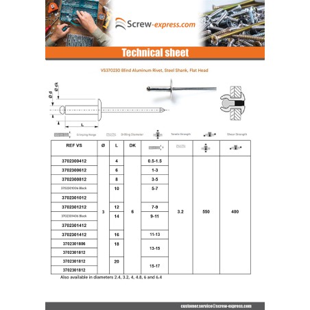 1 x Blind rivets Aluminium Stahlgewinde 3X12 Thickness Of Panel 7 to 9 Standard round head ALX